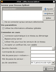 La fenêtre d'édition d'un réseaux sous xchat